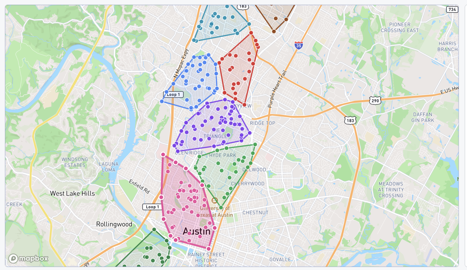 RunVoteWin turf cutter showing optimized campaign turfs on a map of Austin